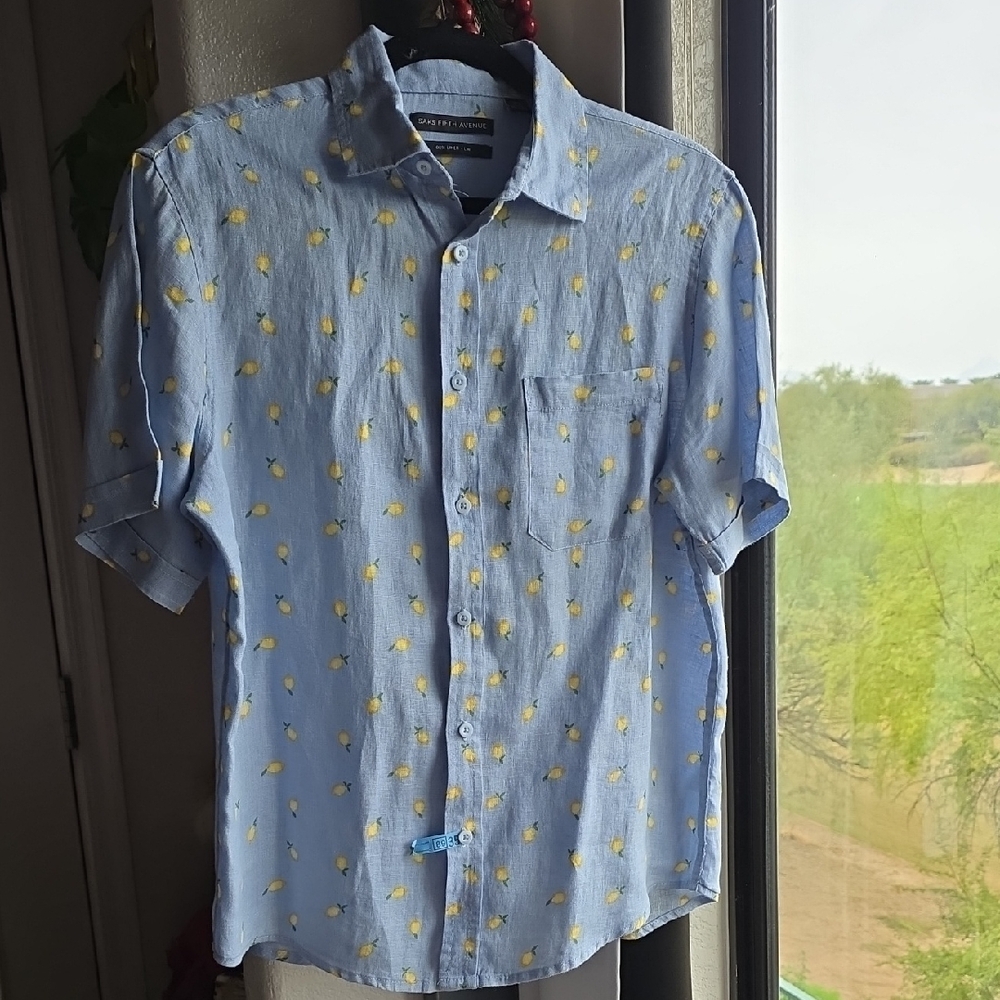 Saks Fifth Avenue Blue Shirt with Yellow Floral Design